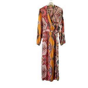Room 34 Dress L Colors Floral LS Wrap Front Maxi BohoTie Waist Cottagecore Flowy